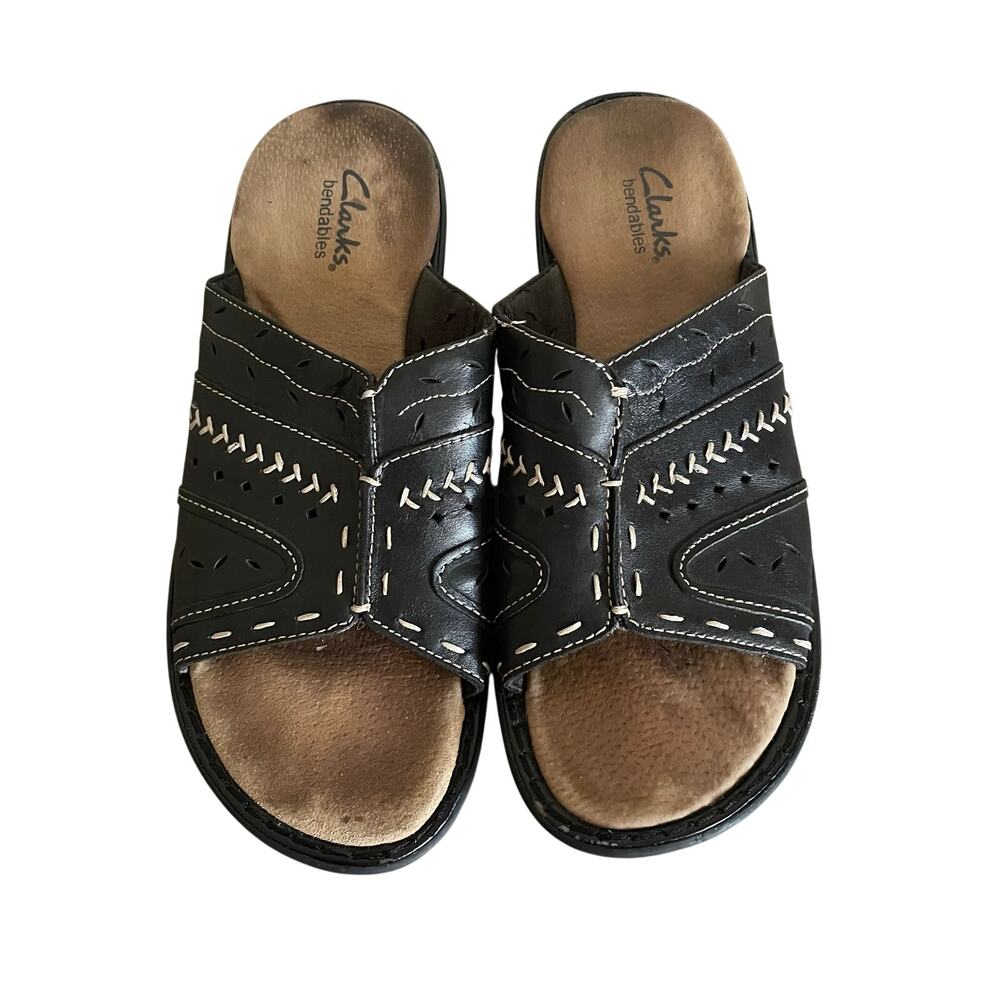 Clarks Bendables Sandals Womens 8.5M Black Leather Comfort Slides B11664